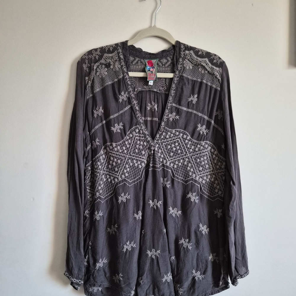 Johnny Was Charcoal Embroidered Blouse
